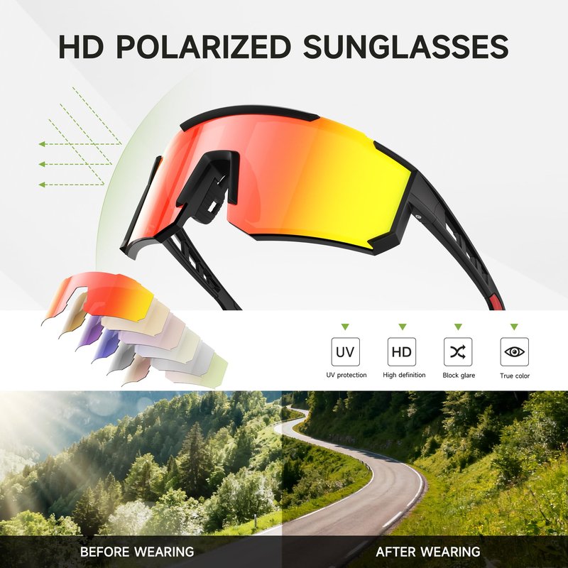Foliful 3 Pack Polarized Sports Sunglasses Men Women, Running Mens Sunglasses UV Protection for Baseball Cycling Fishing, Ice Blue/Red/Purple