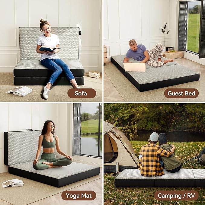 Memory Foam Trifold Mattress - Queen Portable Floor Bed 6 Inch, Foldable Mat with Washable Cover, Handle & Non-Slip Bottom, for RV, Travel, Camping, Yoga, 78"x58"x6"