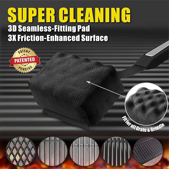 GRILLART Grill Brush Bristle Free. SteamWizards BBQ Replaceable Cleaning Head, Seamless-Fit Scraper Tools for Cast Iron/Stainless-Steel Grates Griddle, Safe Barbecue Grill Cleaner Brush-Dark Black