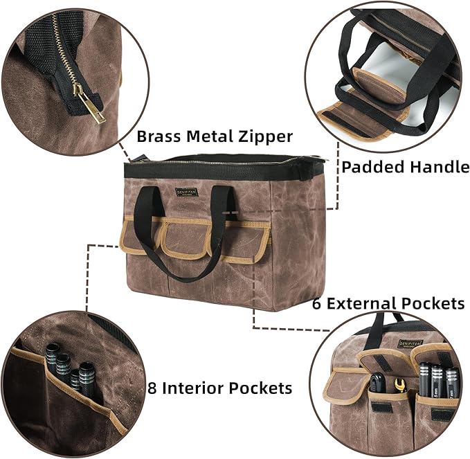 Tool Bag, Durable 16oz Waxed Canvas Wide Mouth Water-Resistant Electrician Tool Bag, Tool Tote with Handle for Tools, Wrenches, Screwdrivers (15 X 7.8 X 11.5 Inch) | Grey