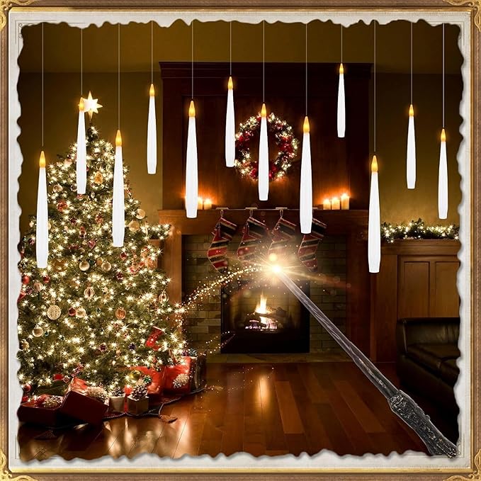 12 PCS Floating Candles with Wand LED Magic Hanging Candle Battery Operated Candle with 13 Batteries Include Flickering Warm Light Floating Candles for Christmas Halloween Decoration