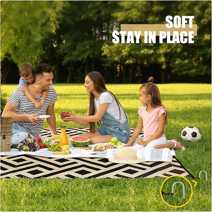 Terrug Outdoor Rug Waterproof 6x9 Ft, Foldable Outdoor Plastic Straw Rug, UV Reversible Patio Rug Decor, Outdoor Area Rug for Camping, RV, Porch, Deck, Backyard, Balcony, Picnic, Black & Beige