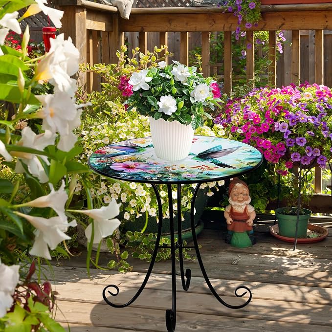 Outdoor Side Table, Hummingbird & Flower Round Accent Table, 18" Metal Indoor Small End Tables, Plant Stand Tables for Patio Yard Balcony Garden Bedside