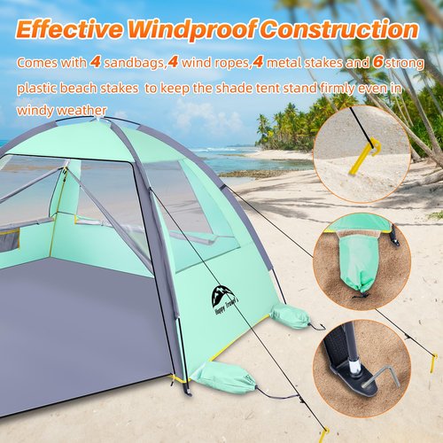 Happy Travel Beach Tent, UPF 50+ UV Protection Sun Shade Shelter for 3/4/5/6/7/8 Person, Portable Beach Canopy for Family & Baby, Lightweight & Easy Setup Beach Cabana with 3 Ventilation Mesh Windows