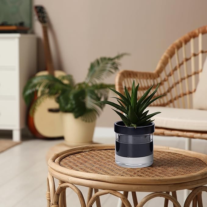 Phoenix Vine 4 Inch Self Watering Planter Pot, Black Terracotta Clay Pot with Glass Reservoir for Indoor Plants, Herbs, Flowers, Set of 3, 52-C-E-3
