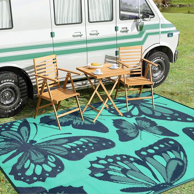 Anidaroel Butterfly Outdoor Rug 8X10 Patio Waterproof, Reversible Plastic Straw Outside Area Rug, Large Outdoor Area Rug for Deck, Camper, Backyard, Picnic(Green,8‘X10')