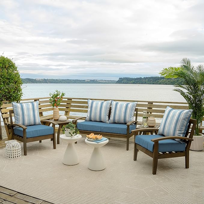 Arden Outdoor Foam Deep Seat Cushion Set (4-Pack), 24x24, Premium High-Density Foam, Never Flattens, Weather-Proof for Patio Chair Sofa Couch, French Blue Linen Stripe