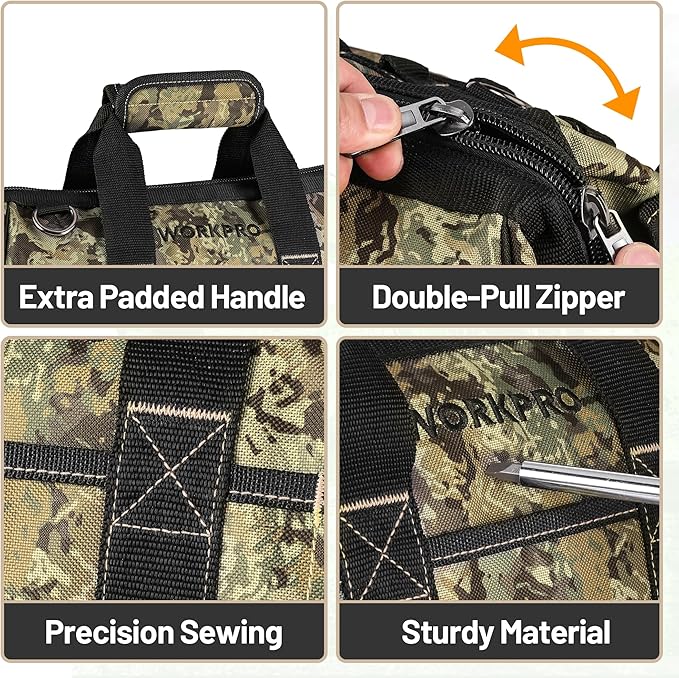 WORKPRO 16-Inch Wide Mouth Tool Bag, Multi-Pocket Tool Bags for Men with Adjustable Shoulder Strap, Waterproof Oxford Fabric and Sturdy Buttom