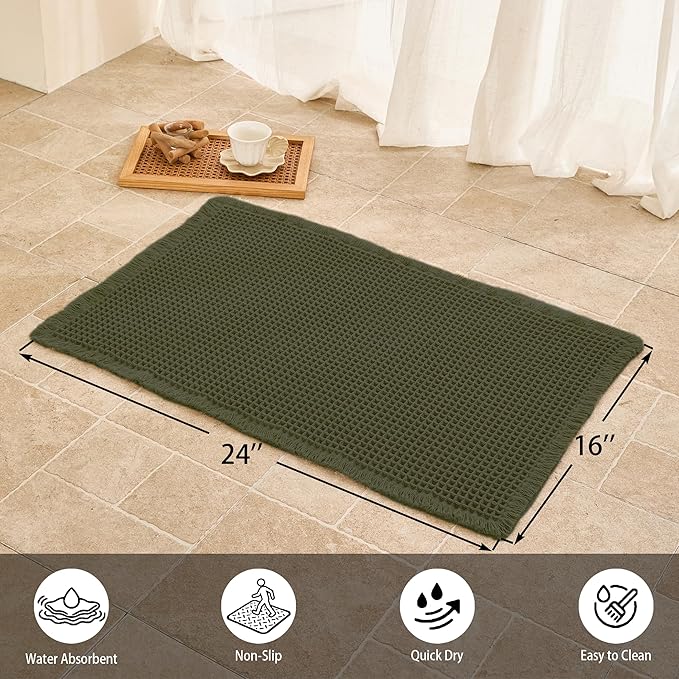 Waffle Bath Mat Non Slip, Boho Bathroom Rug, Super Absorbent Quick Dry Bathroom Mat, Soft Farmhouse Bath Rug with Tassels, Small Washable Shower Mats for Floor 16"x24", Olive Green