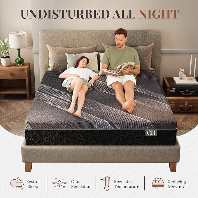CH CHARME HOUSE 12 Inch Queen Mattress, Bamboo-Charcoal Memory Foam Mattress, Cooling & Pressure Relief, Bed in a Box, Foam Made in USA & CertiPUR-US Certified, 60'x80'x12', Black