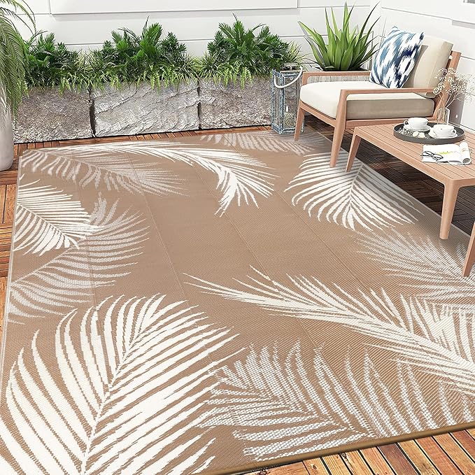 Pauwer Waterproof Outdoor Rug 9x12, Reversible Plastic Straw Patio Camping Rug, Indoor Outdoor RV Mat Carpet for Deck, Camper, Porch, Balcony, Backyard, Picnic, Leaf Brown