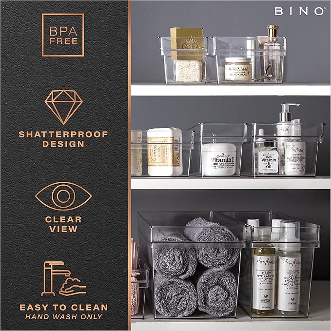 BINO | Plastic Storage Bins, Small - Shallow | THE HANDLER COLLECTION | Multipurpose Organizer Bins | Kitchen Pantry Organizers and Storage | Clear Containers for Organizing Home | Freezer Organizer