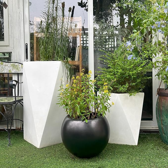 Panlaolao 13.5 H x 17" Dia (12" Pot Opening) Round Fiberstone Planter with Drainage Hole, Black, Indoor/Outdoor Large Plant Pot for Home Patio Garden, Ideal for Large Plants