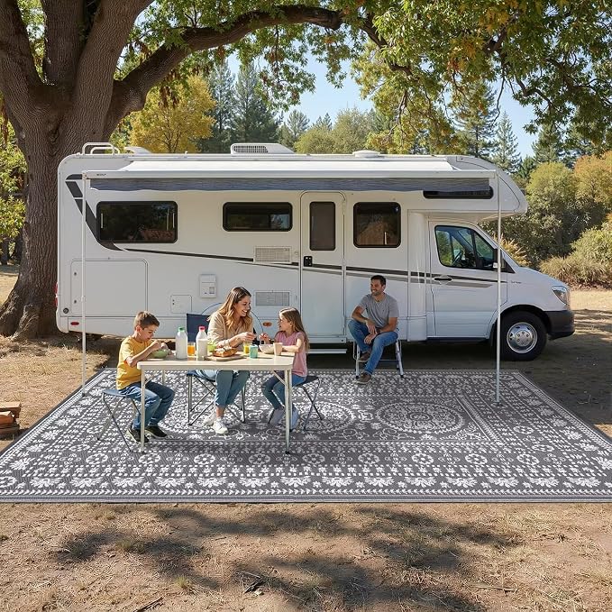 Garvee Reversible Outdoor Rug 9x12 for Patio, Waterproof Outdoor Area Rug, Modern Medallion Indoor Outdoor Rugs, Plastic Straw Rug for RV, Camping, Deck, Vintage Grey