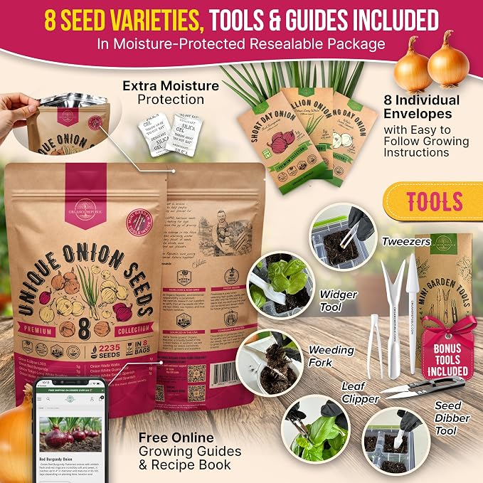 Organo Republic 8 Onion Seeds Variety Pack Heirloom, Non-GMO, Sets for Indoors, Outdoors Gardening. 2200+ Seeds: Walla Walla, Green Onion, Red Burgundy, White & Yellow Sweet Spanish Onions