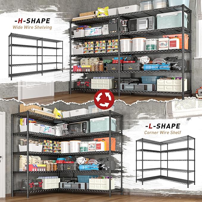 REIBII 73''W Storage Shelves Load 1650 LBS Metal Shelving 5-Tier Wire Shelving Unit for Storage Rack Adjustable Heavy Duty Metal Shelves for Pantry Kitchen Garage, 17.7" D x 73" W x 71" H，2PCS