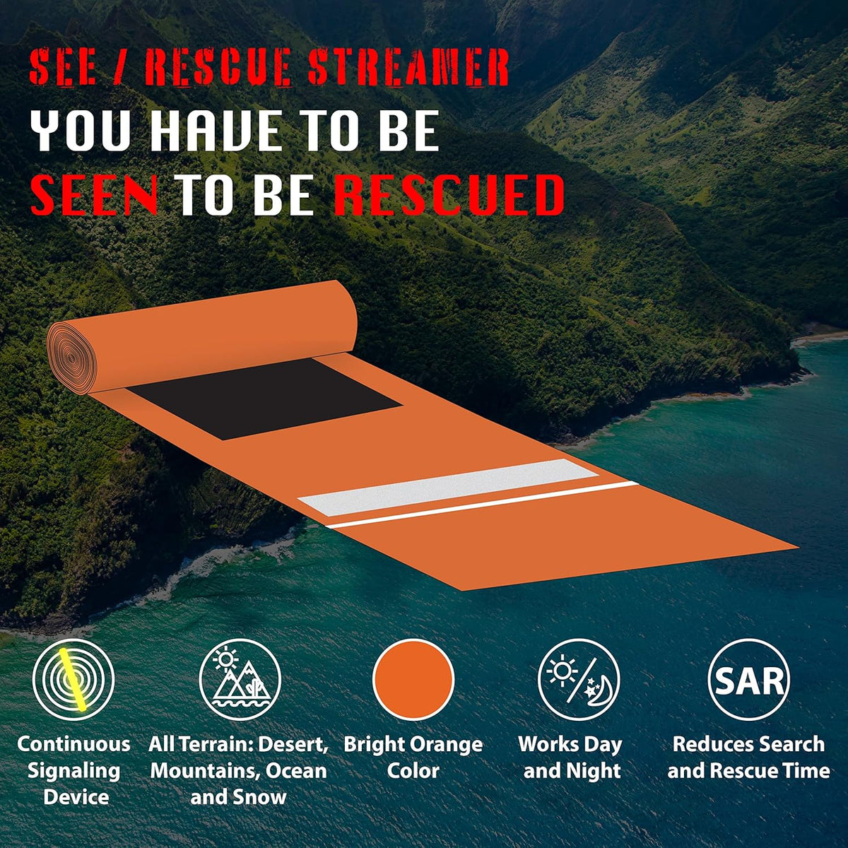 Portable Survival Tool - Lighted Streamer for Land, Sea & Snow Rescue, Day or Night
