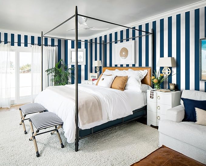 Guvana 17.7"×472" Striped Peel and Stick Wallpaper Blue and White Self-Adhesive