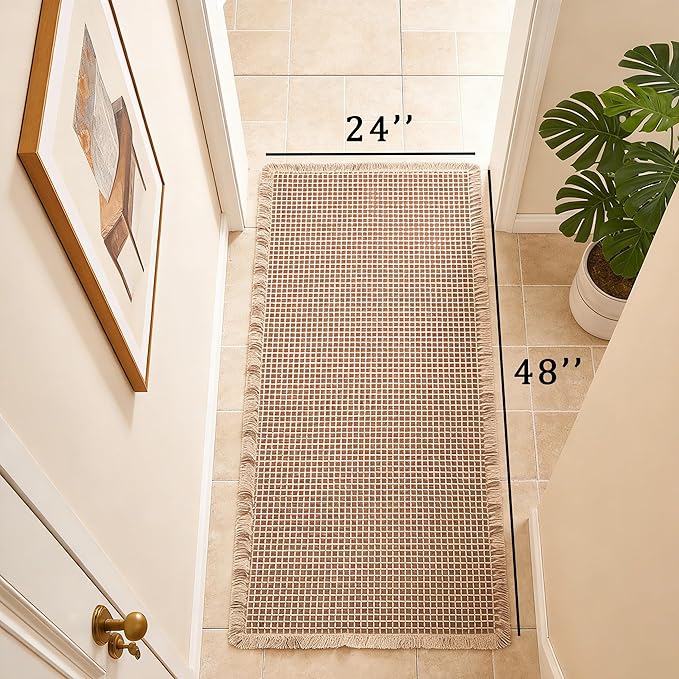 Waffle Bath Mat Non Slip, Boho Runner Rug, Super Absorbent Quick Dry Long Bath Runner Bathroom, Soft Farmhouse Bath Rug with Tassels, Washable Shower Mats for Floor 24"x48", Brown