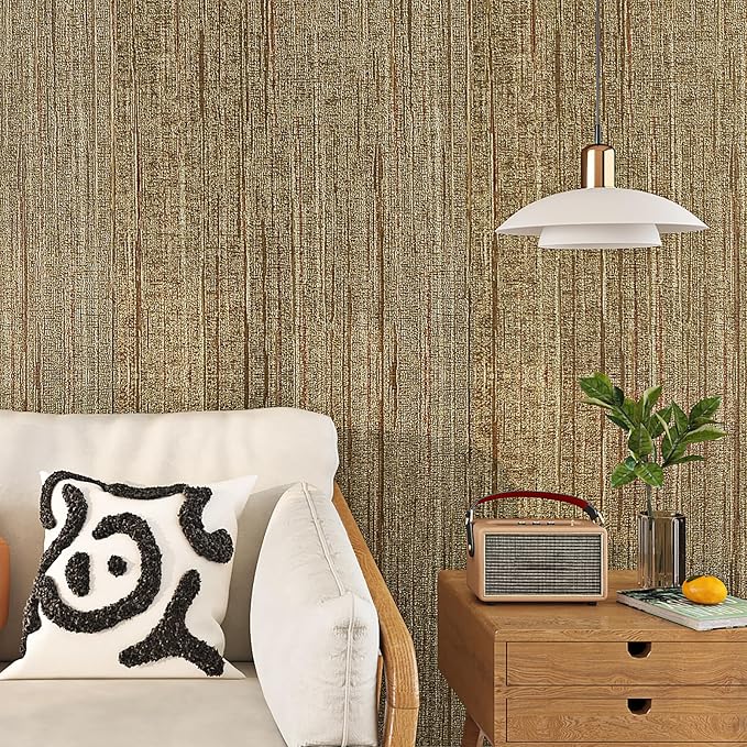 Livelynine Gold Grasscloth Peel and Stick Wallpaper Textured Accent Wall Paper