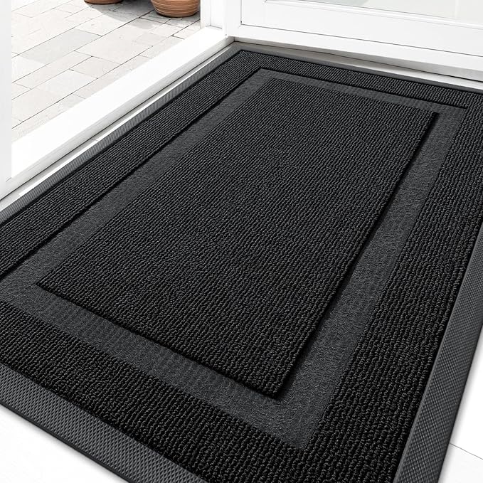 OLANLY Front Door Mat Indoor Outdoor Entrance, Waterproof All-Season, All-Weather Doormat, Sturdy Natural Rubber, Low Profile, Easy Clean Patio Porch Entryway Mat, 47x17, Jet Black