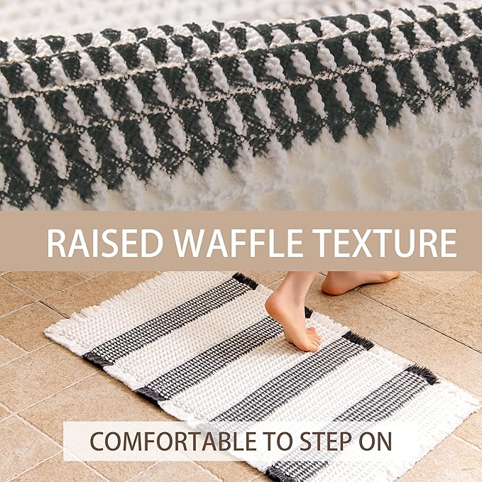 Waffle Bath Mat Non Slip, Boho Bathroom Rug, Super Absorbent Quick Dry Bathroom Mat, Soft Farmhouse Bath Rug with Tassels, Small Washable Shower Mats for Floor 16"x24", White and Black