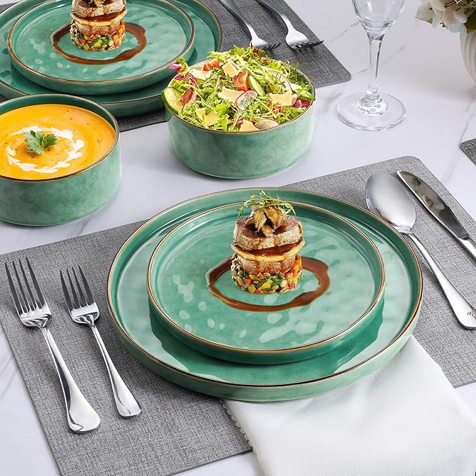 LIANYU Dinnerware Sets for 4, 12 Piece Plates and Bowls Dish Set, Stoneware Dishware Dinner Ware for Kitchen Dining, Microwave & Dishwasher Safe, Emerald Green