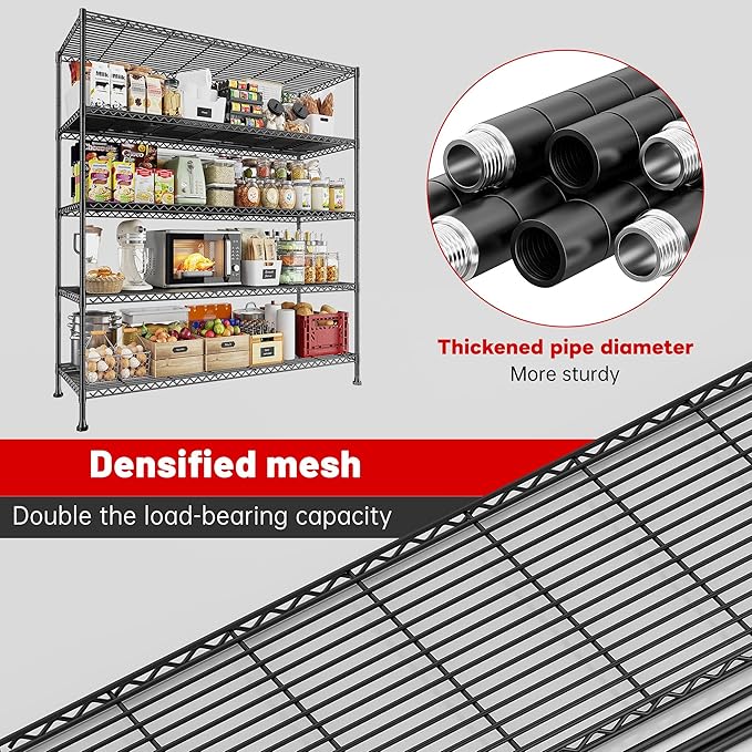 REIBII 45.8''W Steel Wire Shelving Unit, 5 Tier Adjustable Metal Storage Shelves for Kitchen Pantry Office Wire Rack Metal Shelving Unit for College Dorm School, 45.8" W x 71" H x 17.2" D 3PCS