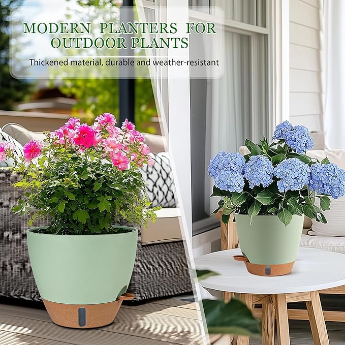 Self Watering Pots for Inoor Ourdoor Plants 10/9/8/7/6.5 Inch Plastic Planters with Drainage Holes & Water Level Indicator, Decorative House Flower Nursery Planting Pots with Saucers(Green)