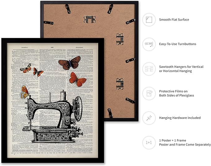 Poster Master Dictionary Art Poster - Sewing Machine Print - Sewing Art - Butterfly Art - Gift for Men, Women & Dressmaker - Chic Decor for Living Room, Bedroom or Office, 8x10 Black Framed
