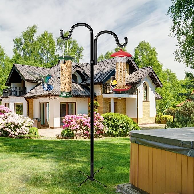 Double Shepherds Hooks for Outdoor, 76" Heavy Duty Bird Feeder Pole with 5 Prong Base, Adjustable Shepherds Hook for Bird feeders Outside, Garden, Weddings, Hanging Plants, 2 Pack, Black