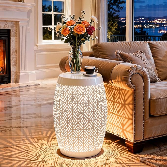 18" Cutout Metal Outdoor Side Table with 3-Mode LED Lights, Modern Decorative Drum End Table, Versatile Coffee Table/Garden Stool/Night Stand/Plant Stand for Patio, Living Room, Bedroom