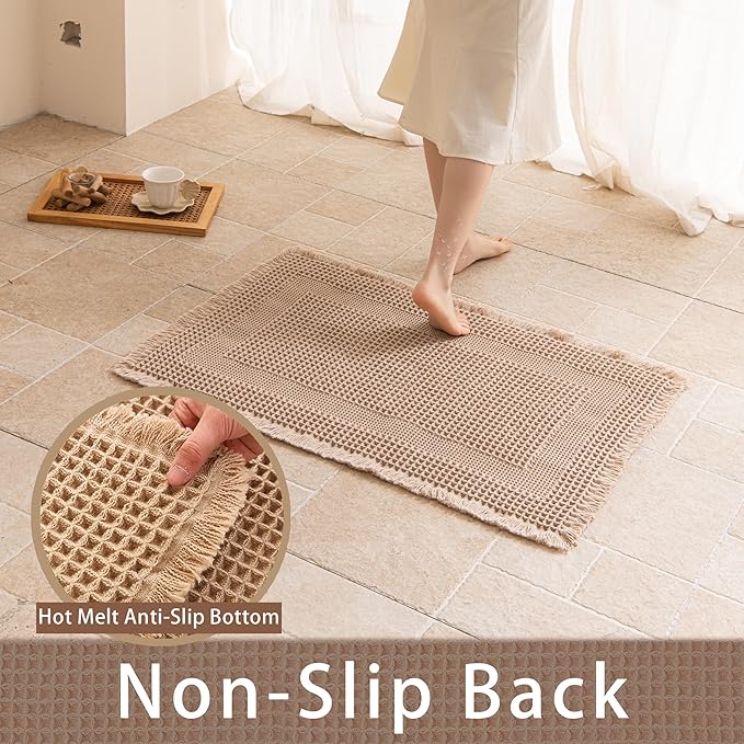 Waffle Runner Rug Non Slip, Boho Bath Mat, Super Absorbent Quick Dry Long Bath Runner Bathroom, Soft Farmhouse Bath Rug with Tassels, Washable Shower Mats for Floor 24"x72", Square Brown