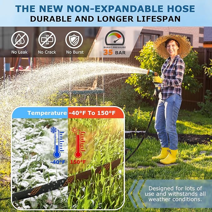 Non-Expanding Garden Hose 100 ft, Kink Free Flexible Water Hose with 10-Pattern Spray Nozzle, Lightweight Hose Pipe, Leak Proof, 3/4" Swivel Connectors, Super Fabric, Portable Storage Strap