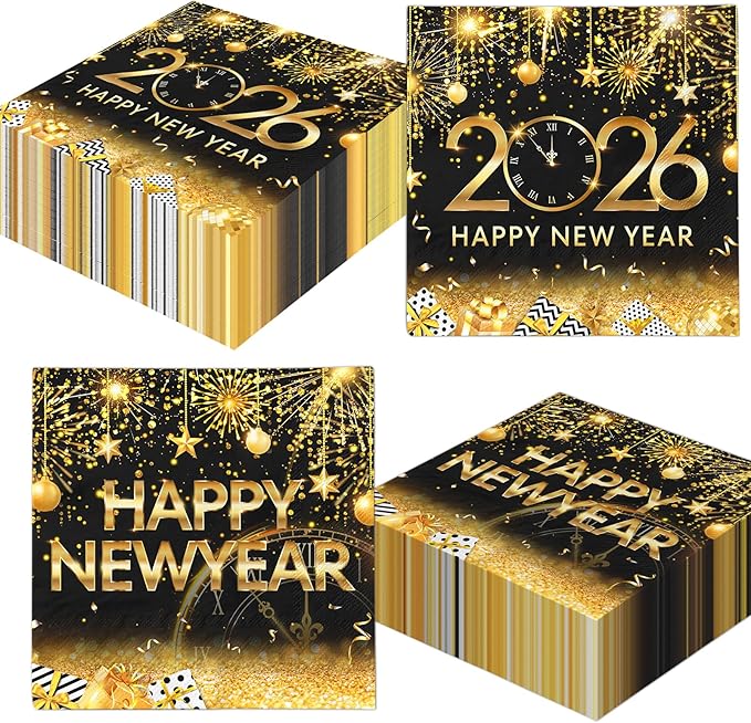 48 Pcs Happy New Year Napkins 2026 New Years Eve Party Supplies Black Gold Disposable New Year Paper Napkin for New Years Table Decorations