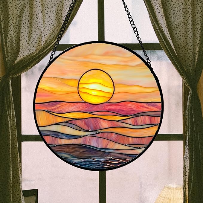 Stained Glass Window Hanging, Orange Sunrise Suncatcher Diamond Glass Panel Hangings Scenery Sun Catchers Decor for Birthday for Women, Men, Wife, Aunt, and Mom 7.8 in