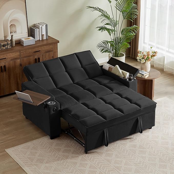 66" Multi-Functional Pull-Out Sofa Bed with Hidden Side Table, Storage Armrests, Built-in Charging Port, Spring Mattress, Solid Wood Frame – Ideal for Small Spaces, Easy Assembly