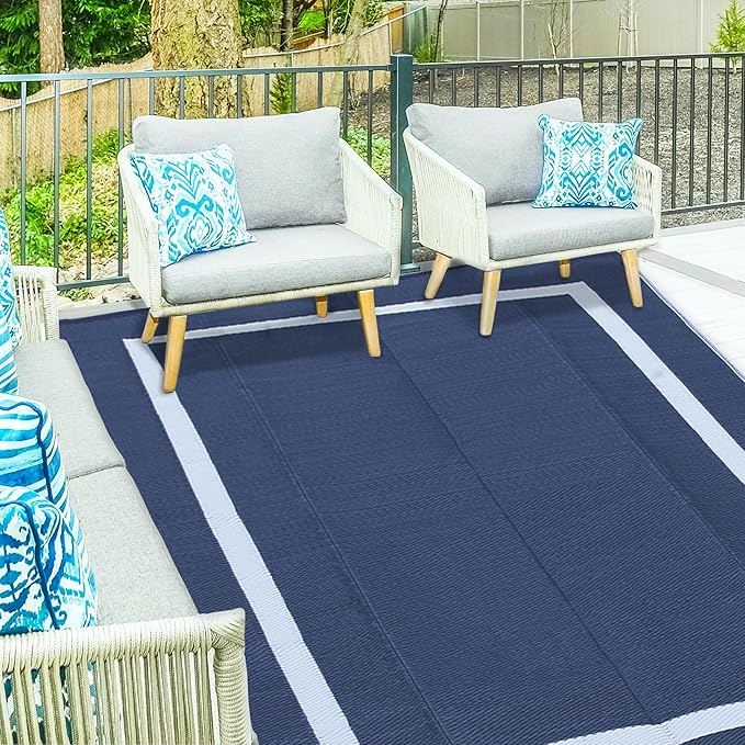 Ogrmar 5x8 FT Reversible Mats, Outdoor Rug for Patio Clearance, Waterproof Carpet, Plastic Straw Rug for Indoor Outdoor, Floor Mat&Rug for RV Porch Camping Backyard Deck Balcony Beach Trailer (Blue)