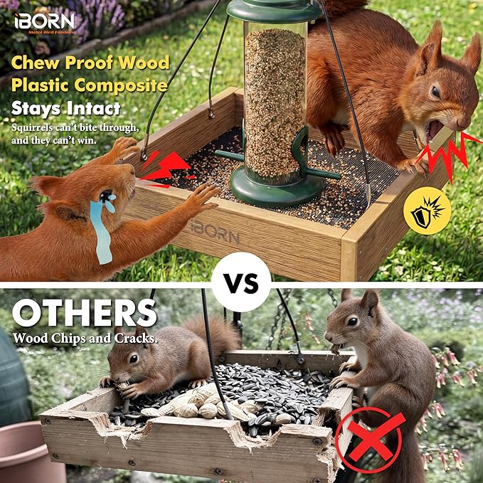 iBorn Platform Bird Feeder Tray Bird Feeders for Outdoors Hanging for Outside Flat Birdfeeder Tray with Large Capacity 3LBS, WPC Recycled Plastic & Cedar Look, Waterproof, 10.6"x10.6", Raw
