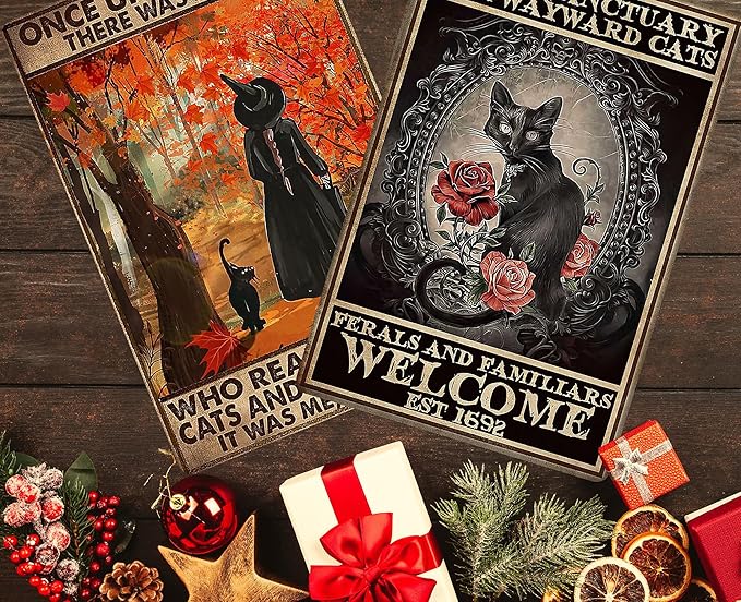 PAIION Black Witch Cat Sign Once Upon A Time There was A Girl Who Really Loved Cats Halloween Vintage Metal Signs Bathroom Bedroom Wall Decoration Man Cave 8x12 inches
