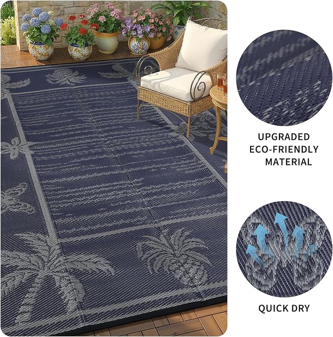 Garvee Outdoor Rug 8x10 Waterproof for Patios, Reversible Plastic Straw Rug, Tropical Leaf Indoor Outdoor Rugs, Large Area Rug for RV, Camping, Deck, Picnic Mat, Outside Carpet