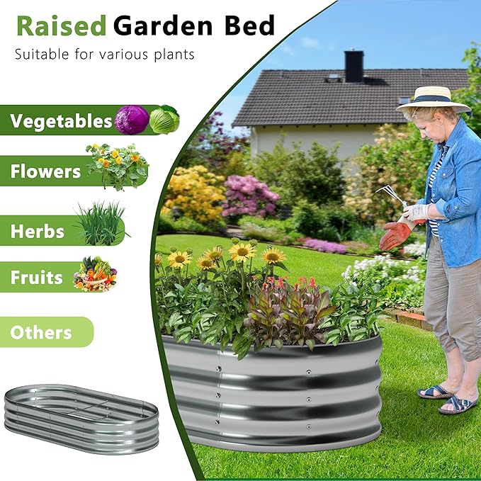 Foxlang 8x4x1ft(2 Pack) Galvanized Oval Raised Garden Bed,Outdoor Planter Box Metal Patio Kit Planting Bed for Vegetables Flowers Herb,Silver