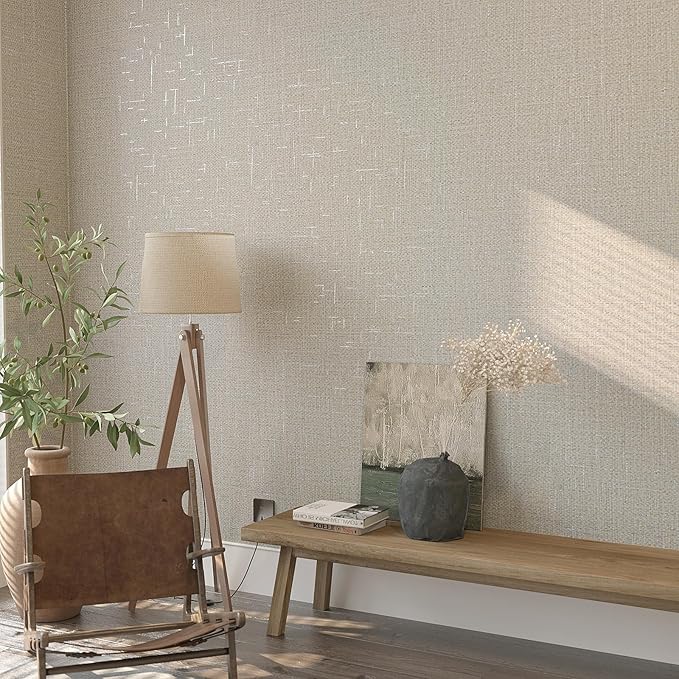 VEELIKE Beige Grasscloth Wallpaper Textured Peel and Stick Grass Cloth Wallpaper