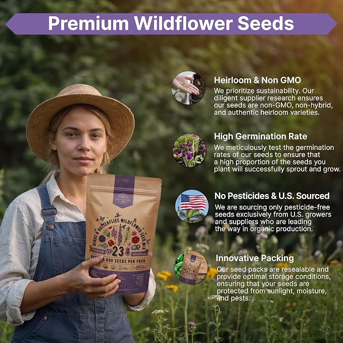 Organo Republic 23 Wildflower Seeds Annual & Perennial Mix for Indoor & Outdoors, Attract Birds & Butterflies 100,000+ Non-GMO, Heirloom Garden Seeds, 4oz Packet for Growing Wild Flowers