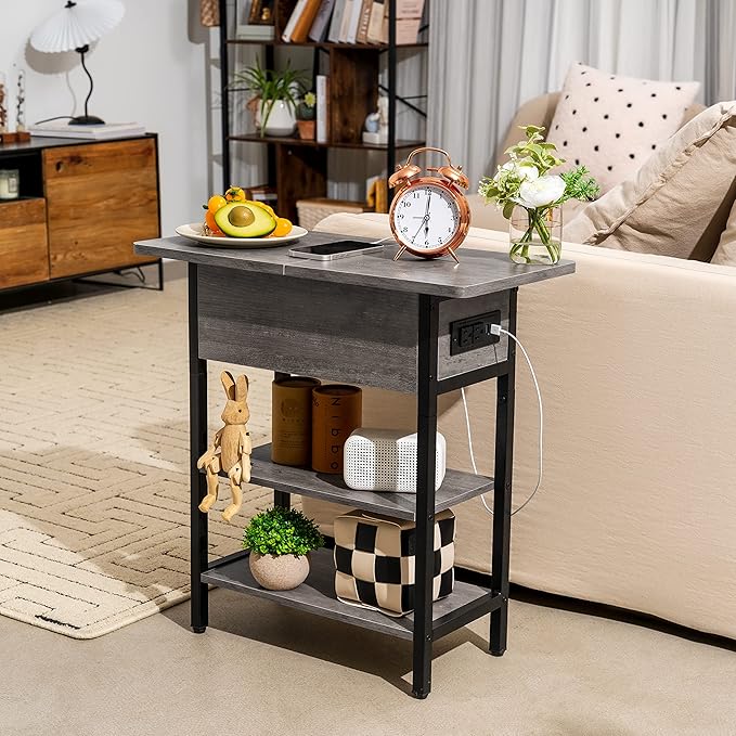 Yoobure End Table with Charging Station, Flip Top Side Table with USB Ports and Outlets, Sofa Couch Table Bedside Table for Living Room Bedroom, Narrow Nightstand with Shelves for Small Space Gray