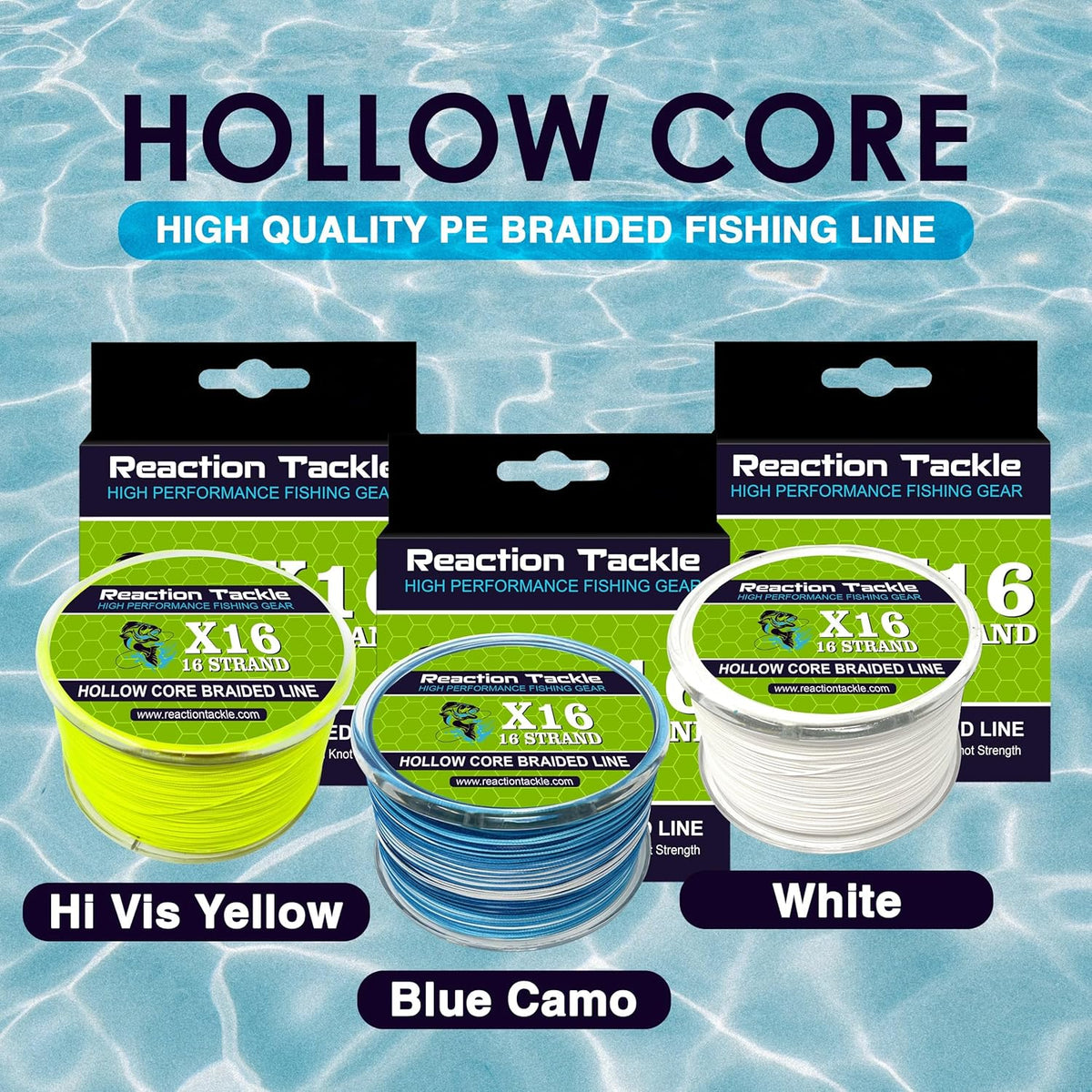 Reaction Tackle Hollow Core Braided Fishing Line - 16 Strand Braid for Freshwater & Saltwater Fishing