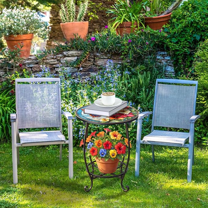 Cinnvoice Outdoor Side Table Round Small Mosaic Patio Accent Indoor End Plant Coffee Tea Table for Yard Patio Porch Garden Living Room, Bedroom(Butterfly C Style,14 Inch)