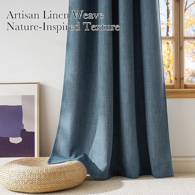 NICETOWN Mist Blue Faux Linen Room Darkening Rod Pocket Curtains 63 inch Length