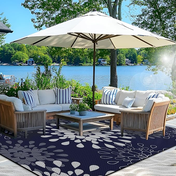 Wallona Outdoor Rugs 9x12 ft Patio Waterproof Clearance Indoor Outdoor Large Carpet for Patio Plastic Straw Reversible Area Rugs Mat for RV, Camping, Balcony, Beach, Picnic, Porch, Flower Blue & White