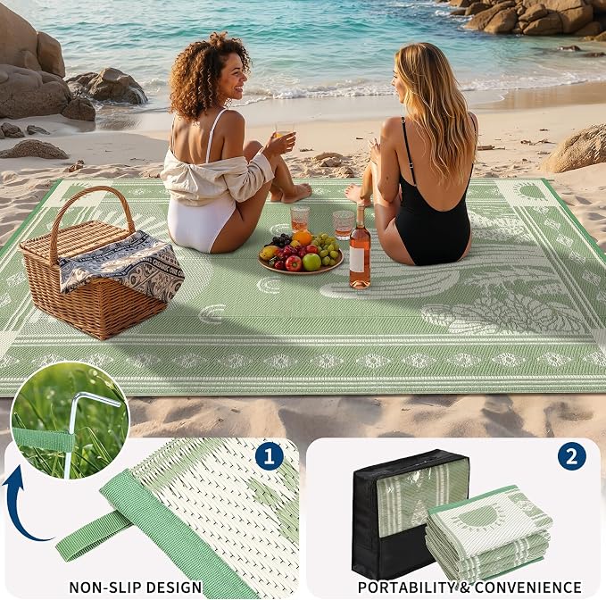 Garvee Reversible Cactus Outdoor Rug 8x10 for Patio, Waterproof Outdoor Area Rug, Modern Desert Botanical Indoor Outdoor Rugs, Plastic Straw Rug for RV, Camping, Deck, Sage Green & Beige